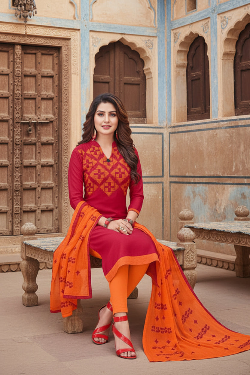 Women's Slub Cotton Unstitched Salwar-Suit Material With Dupatta (Magenta, 2-2.5mtrs) Kashvii