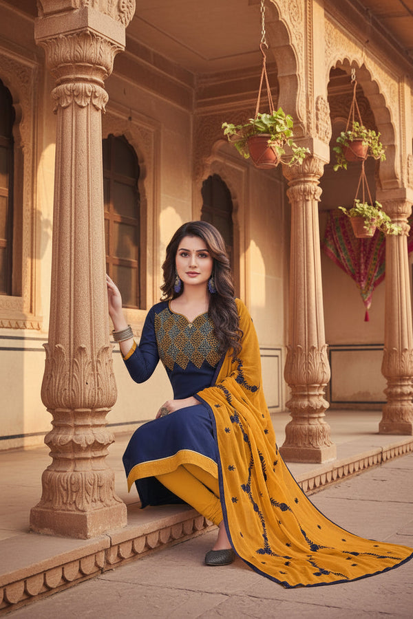 Women's Slub Cotton Unstitched Salwar-Suit Material With Dupatta (Blue, 2-2.5mtrs) Kashvii