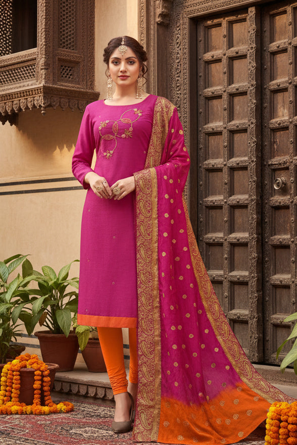 Women's South Slub Cotton Unstitched Salwar-Suit Material With Dupatta (Magenta, 2-2.5mtrs) Kashvii
