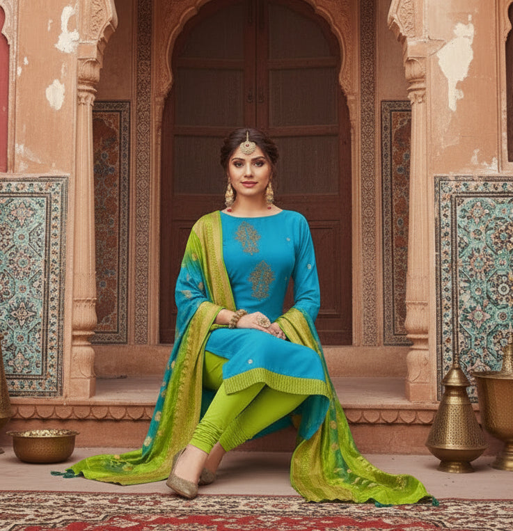 Women's south slub cotton unstitched salwar suit material with dupatta (sky blue, 2 2