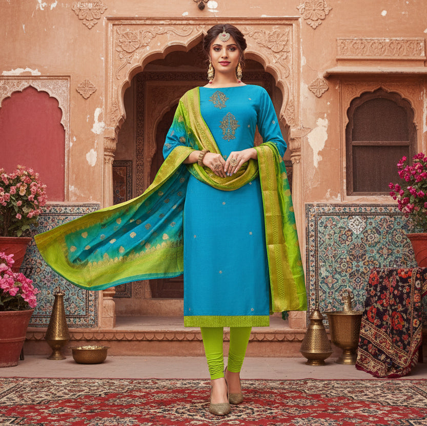 Women's south slub cotton unstitched salwar suit material with dupatta (sky blue, 2 2