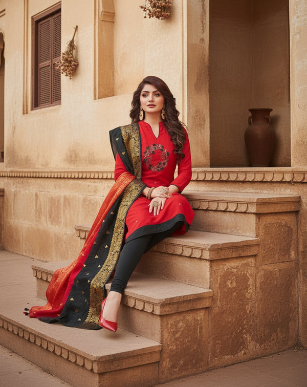 Women's South Slub Cotton Unstitched Salwar-Suit Material With Dupatta (Red, 2-2.5mtrs) Kashvii