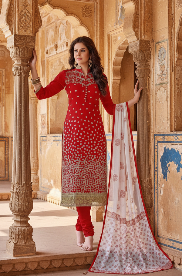 Women's Cotton Unstitched Salwar-Suit Material With Dupatta (Red, 2-2.5mtrs) Kashvii