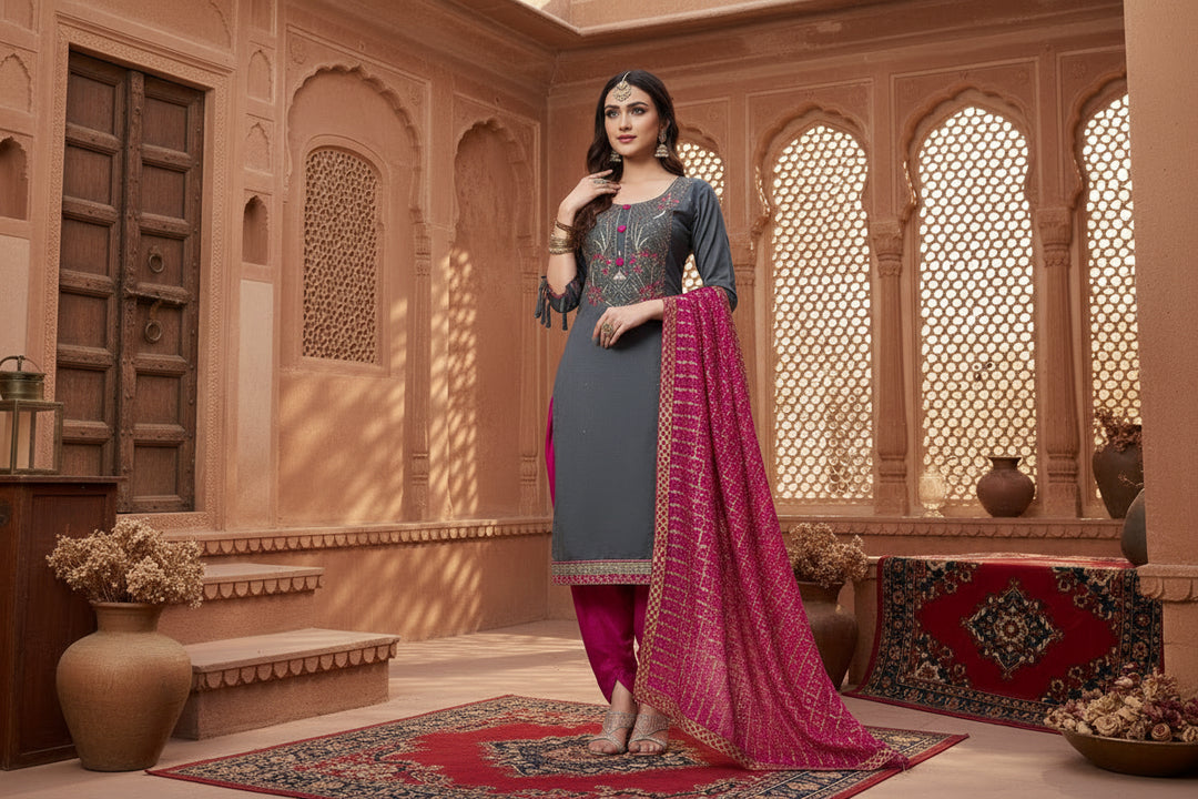 Women's Cotton Unstitched Salwar-Suit Material With Dupatta (Grey, 2-2.5mtrs) Kashvii