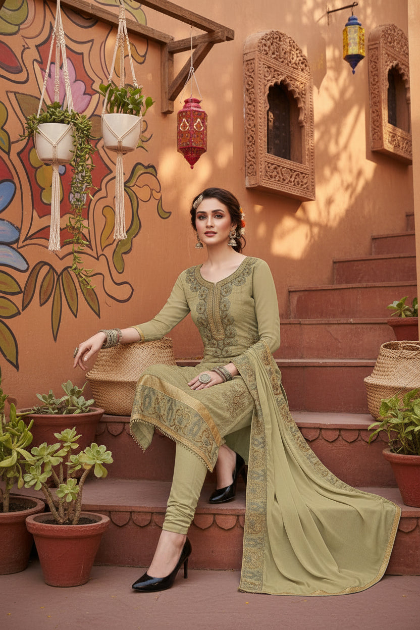 Women's chanderi cotton unstitched salwar suit material with dupatta (light green, 2 2