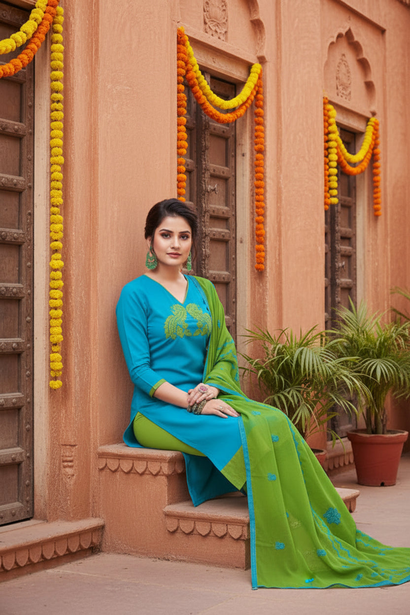 Women's Modal Silk Unstitched Salwar-Suit Material With Dupatta (Sky Blue, 2-2.5mtrs) Kashvii