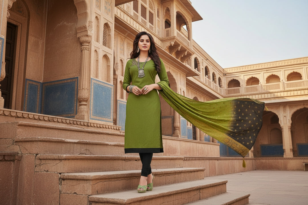 Women's Slub Cotton Unstitched Salwar-Suit Material With Dupatta (Green, 2-2.5mtrs) Kashvii