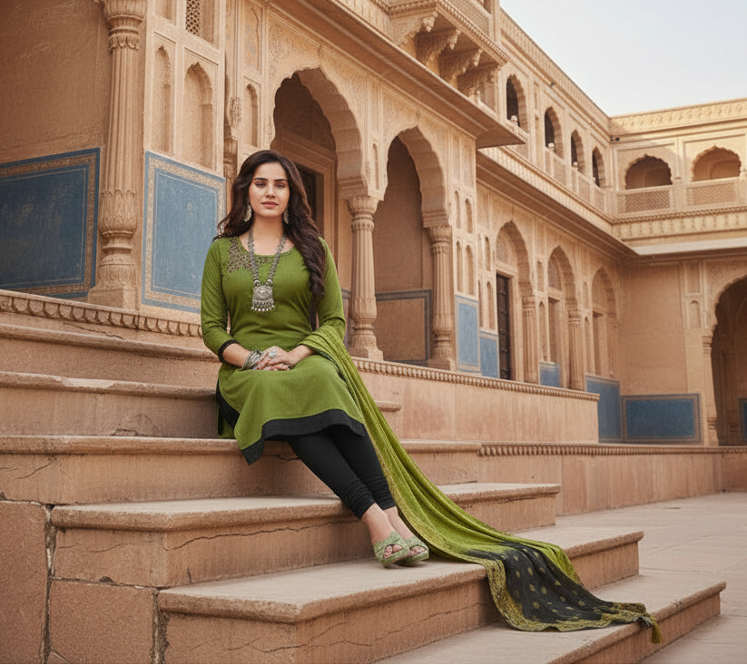 Women's Slub Cotton Unstitched Salwar-Suit Material With Dupatta (Green, 2-2.5mtrs) Kashvii