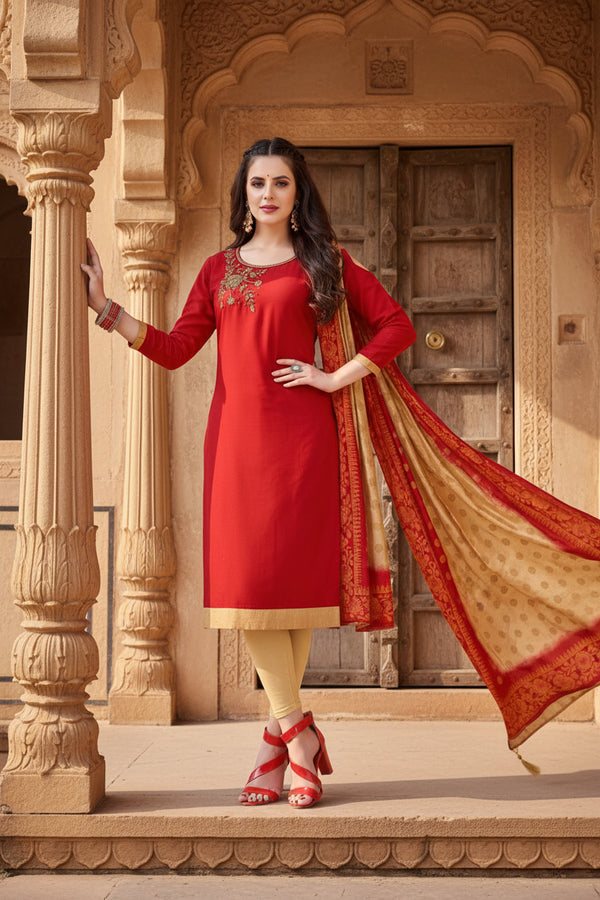 Women's Slub Cotton Unstitched Salwar-Suit Material With Dupatta (Red, 2-2.5mtrs) Kashvii