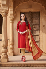 Load image into Gallery viewer, Women's Slub Cotton Unstitched Salwar-Suit Material With Dupatta (Red, 2-2.5mtrs) Kashvii
