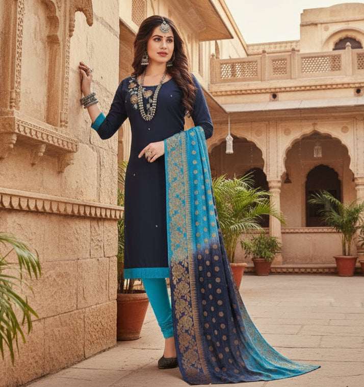 Women's slub cotton unstitched salwar suit material with dupatta (navy blue, 2 2