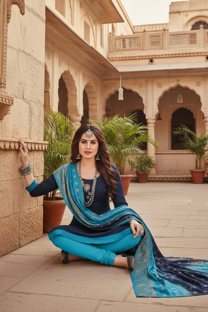 Women's Slub Cotton Unstitched Salwar-Suit Material With Dupatta (Navy Blue, 2-2.5mtrs) Kashvii