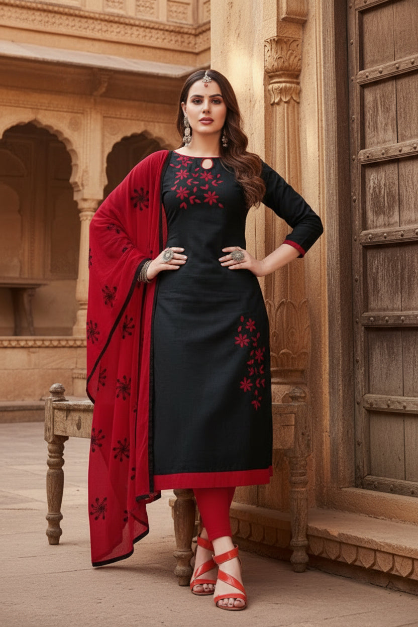 Women's glaze cotton unstitched salwar suit material with dupatta (black, 2 2