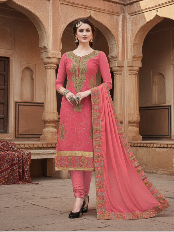 Women's chanderi cotton unstitched salwar suit material with dupatta (pige , 2 2