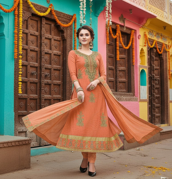 Women's Chanderi Cotton Unstitched Salwar-Suit Material With Dupatta (Oranage, 2-2.5mtrs) Kashvii