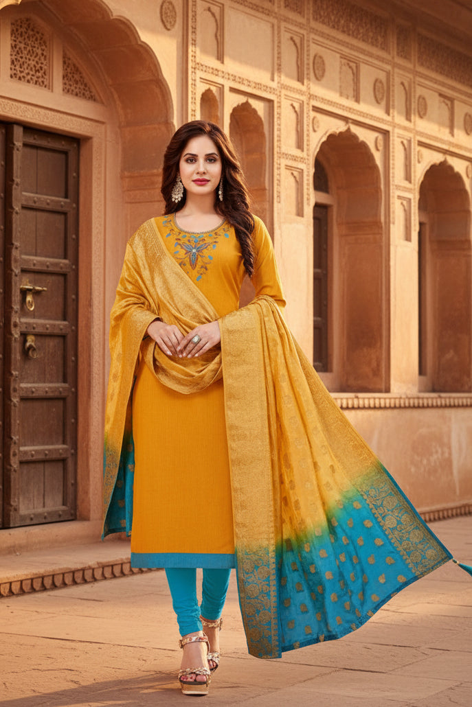 Women's Slub Cotton Unstitched Salwar-Suit Material With Dupatta (Yellow, 2-2.5mtrs) Kashvii