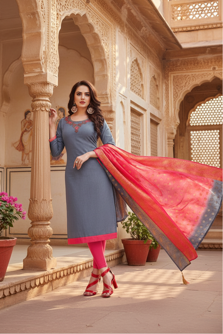 Women's Slub Cotton Unstitched Salwar-Suit Material With Dupatta (Grey, 2-2.5mtrs) Kashvii