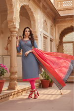 Load image into Gallery viewer, Women's Slub Cotton Unstitched Salwar-Suit Material With Dupatta (Grey, 2-2.5mtrs) Kashvii

