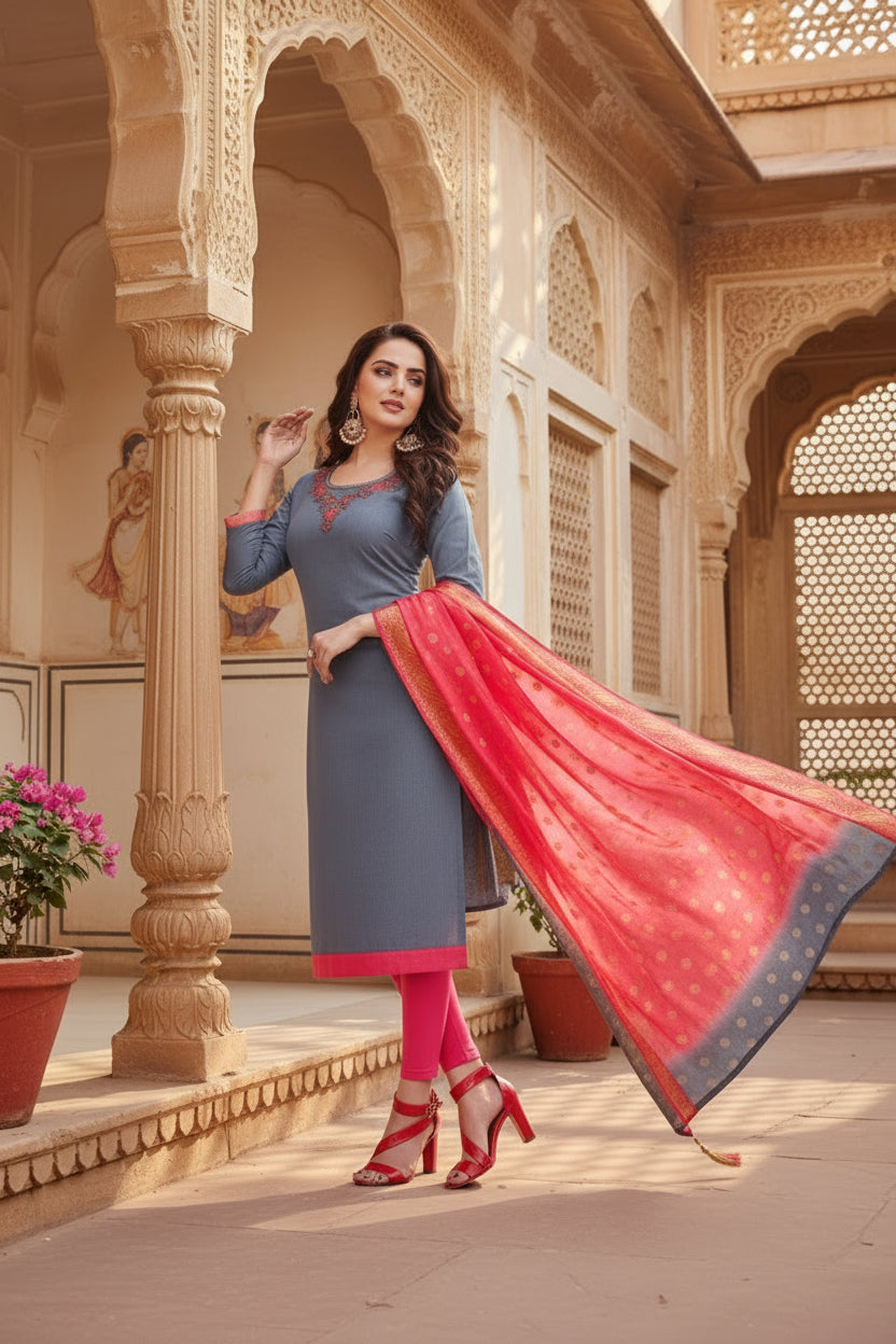 Women's Slub Cotton Unstitched Salwar-Suit Material With Dupatta (Grey, 2-2.5mtrs) Kashvii