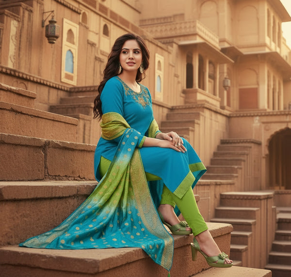 Women's Slub Cotton Unstitched Salwar-Suit Material With Dupatta (Blue, 2-2.5mtrs) Kashvii