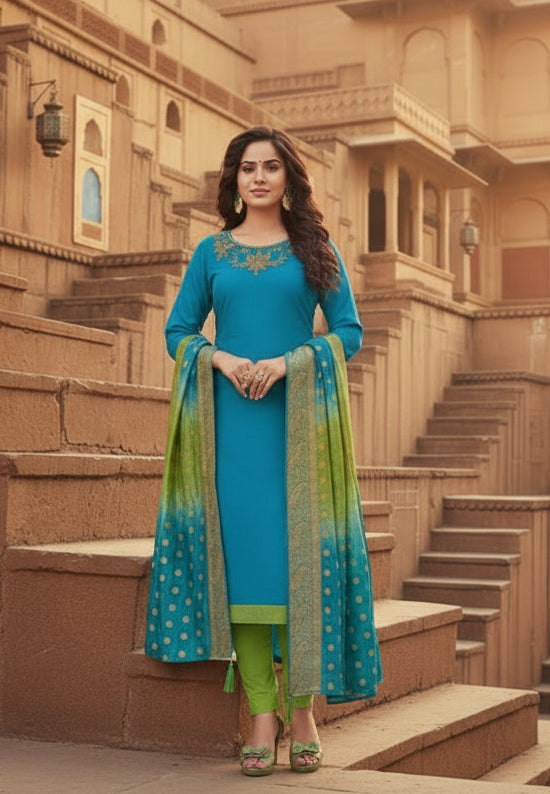 Women's Slub Cotton Unstitched Salwar-Suit Material With Dupatta (Blue, 2-2.5mtrs) Kashvii