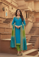 Load image into Gallery viewer, Women's Slub Cotton Unstitched Salwar-Suit Material With Dupatta (Blue, 2-2.5mtrs) Kashvii
