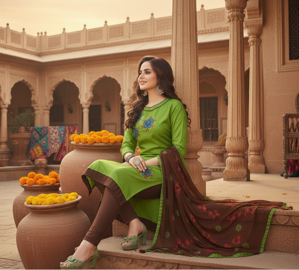 Women's Glaze Cotton Unstitched Salwar-Suit Material With Dupatta (Green, 2-2.5mtrs) Kashvii