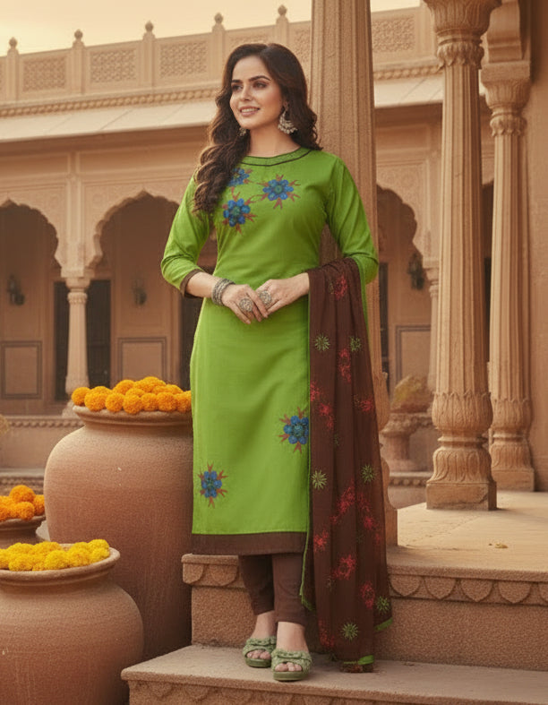 Women's glaze cotton unstitched salwar suit material with dupatta (green, 2 2
