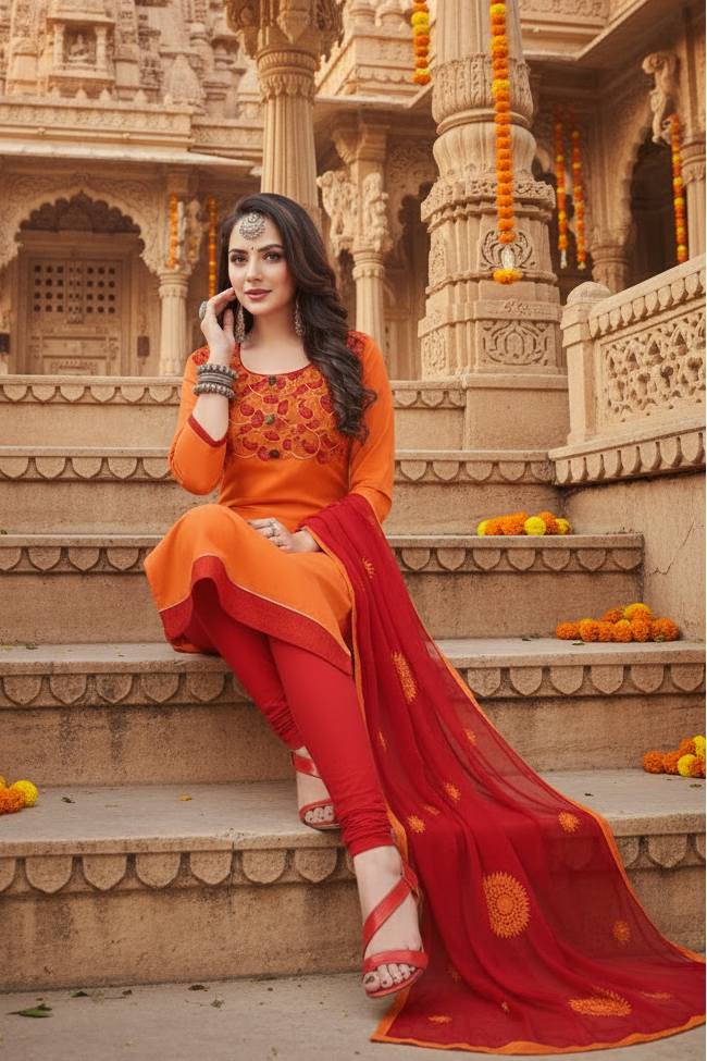 Women's Slub Cotton Unstitched Salwar-Suit Material With Dupatta (Oranage, 2-2.5mtrs) Kashvii