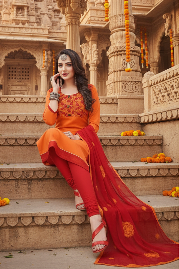 Women's Slub Cotton Unstitched Salwar-Suit Material With Dupatta (Oranage, 2-2.5mtrs) Kashvii