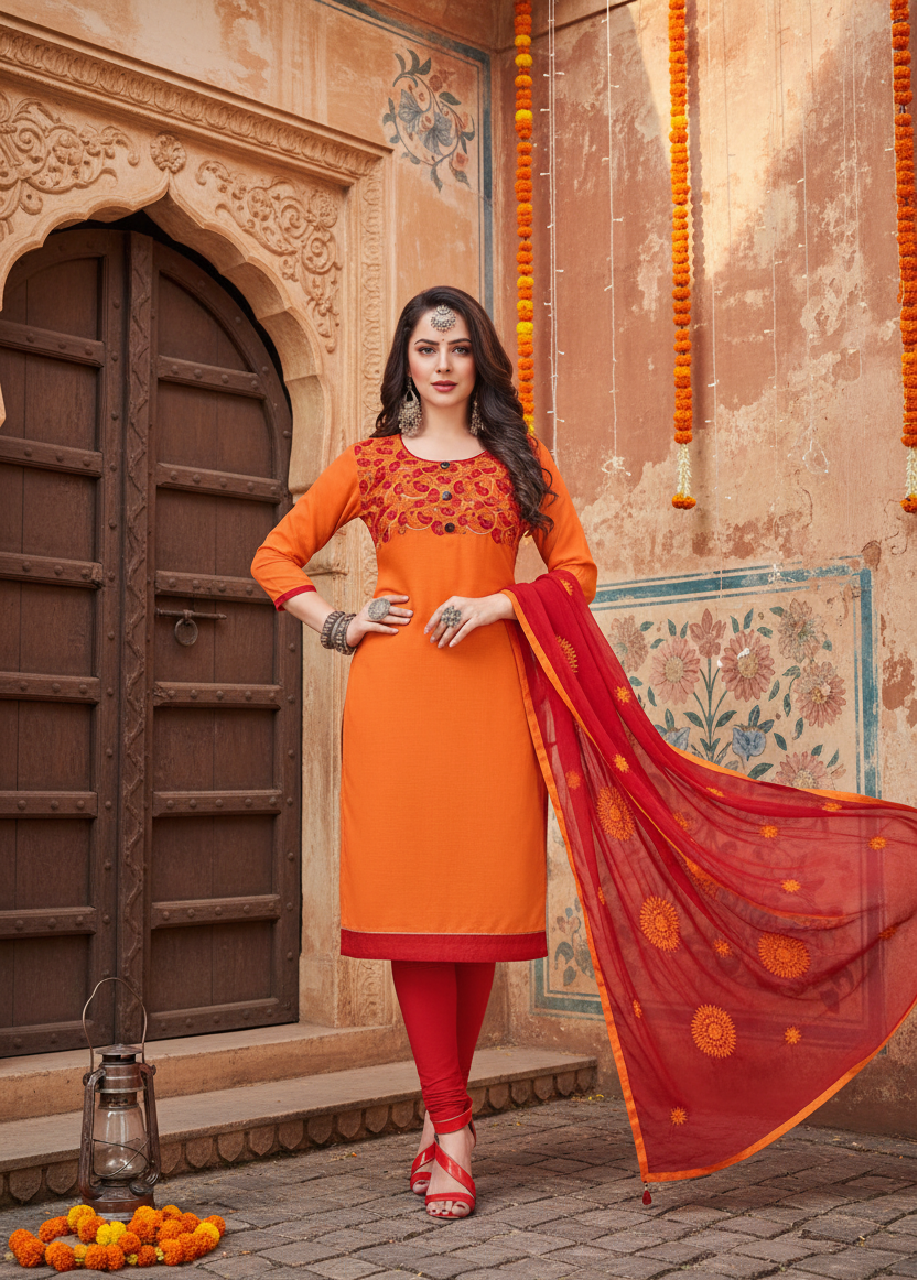 Women's Slub Cotton Unstitched Salwar-Suit Material With Dupatta (Oranage, 2-2.5mtrs) Kashvii