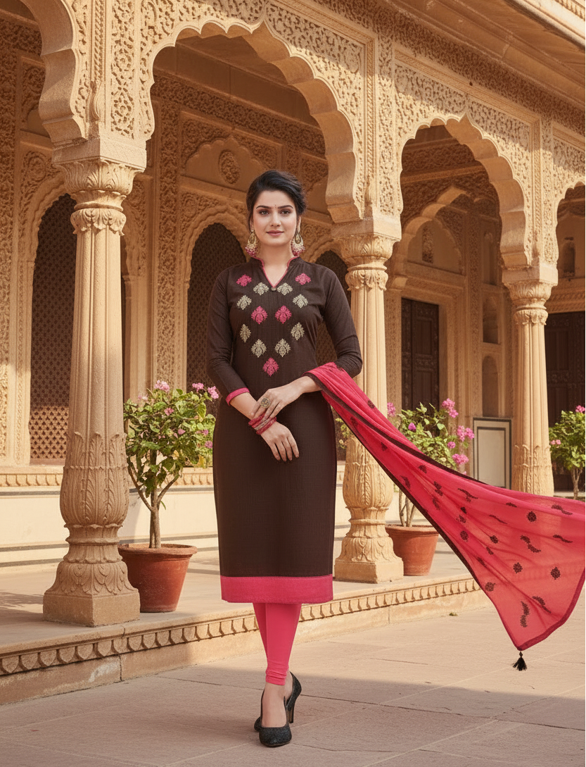 Women's Slub Cotton Unstitched Salwar-Suit Material With Dupatta (Brown, 2-2.5mtrs) Kashvii