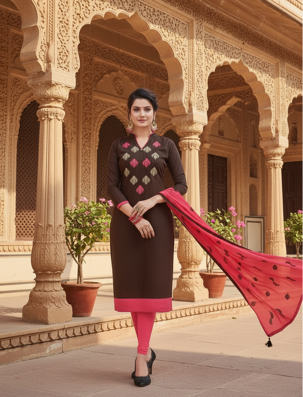 Women's Slub Cotton Unstitched Salwar-Suit Material With Dupatta (Brown, 2-2.5mtrs) Kashvii