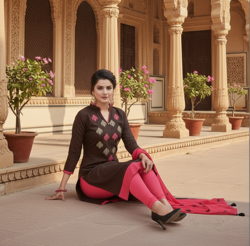 Women's Slub Cotton Unstitched Salwar-Suit Material With Dupatta (Brown, 2-2.5mtrs) Kashvii