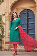 Load image into Gallery viewer, Women's Slub Cotton Unstitched Salwar-Suit Material With Dupatta (Green, 2-2.5mtrs) Kashvii
