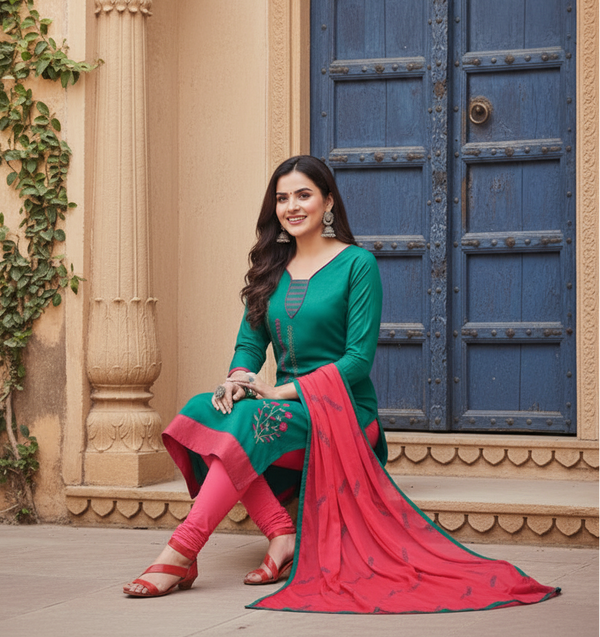 Women's Slub Cotton Unstitched Salwar-Suit Material With Dupatta (Green, 2-2.5mtrs) Kashvii