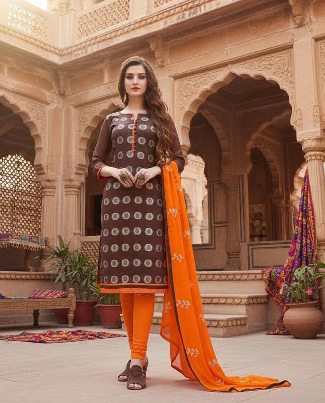 Women's Banarasi Jacquard Unstitched Salwar-Suit Material With Dupatta (Brown, 2-2.5mtrs) Kashvii
