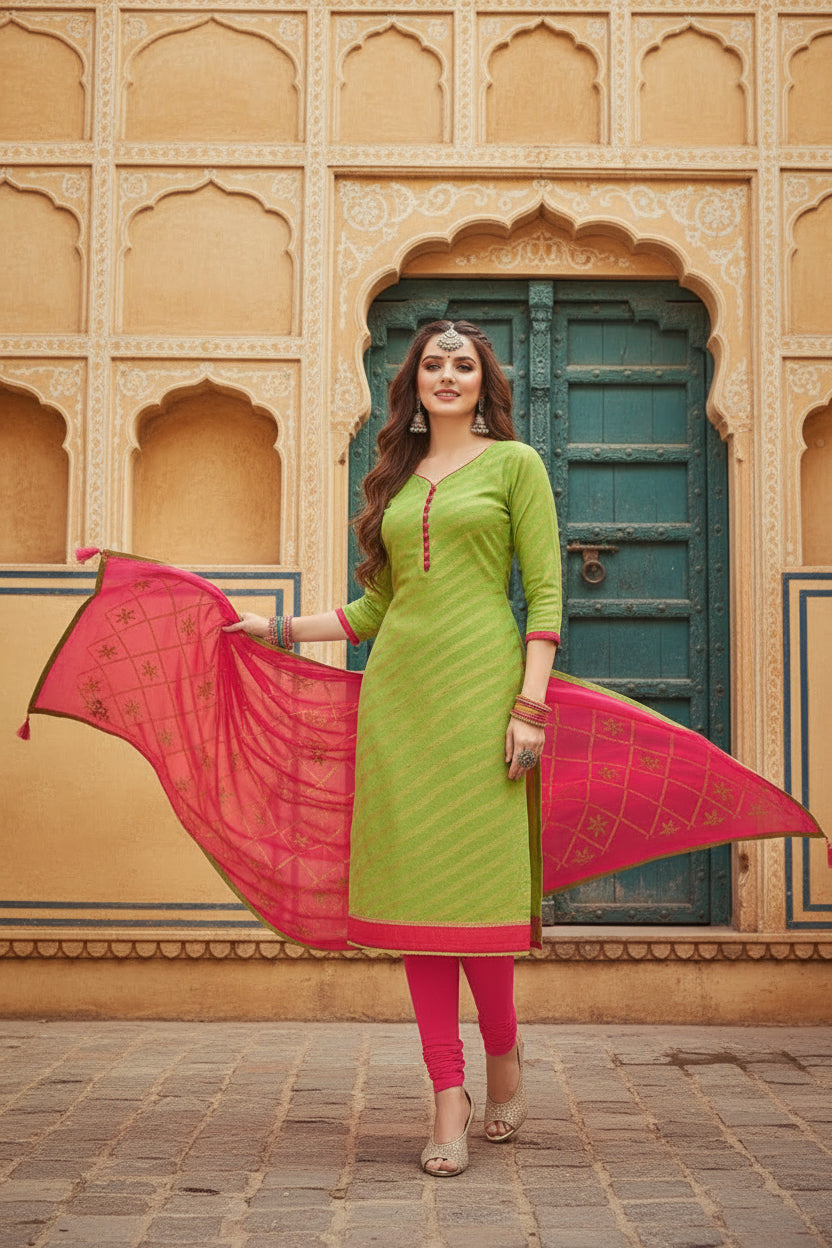 Women's Banarasi Jacquard Unstitched Salwar-Suit Material With Dupatta (Green, 2-2.5mtrs) Kashvii