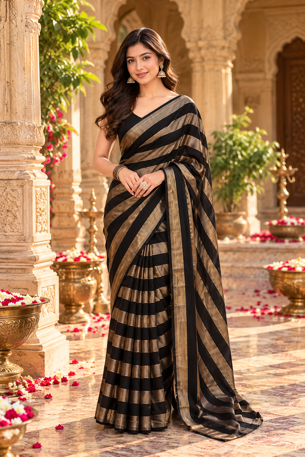 Satin Silk Saree With Unstitched Blouse(Black)