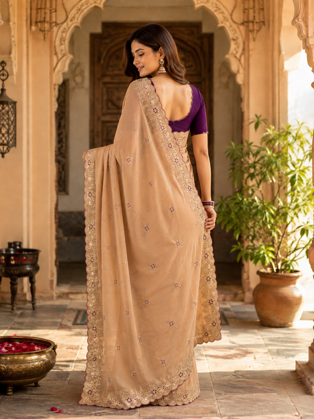 Premium Georgette Saree With Unstitched Blouse(Beige)