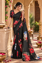 Satin Silk Printed Saree With Unstitched Blouse(Black)