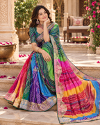 Pure Bandhani Bhej Print Gotta Patti Work Silk Saree With Unstitched Blouse(Morpich)