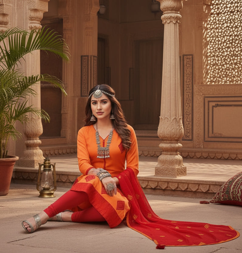 Women's slub cotton unstitched salwar suit material with dupatta (orange, 2 mtr) kashvii