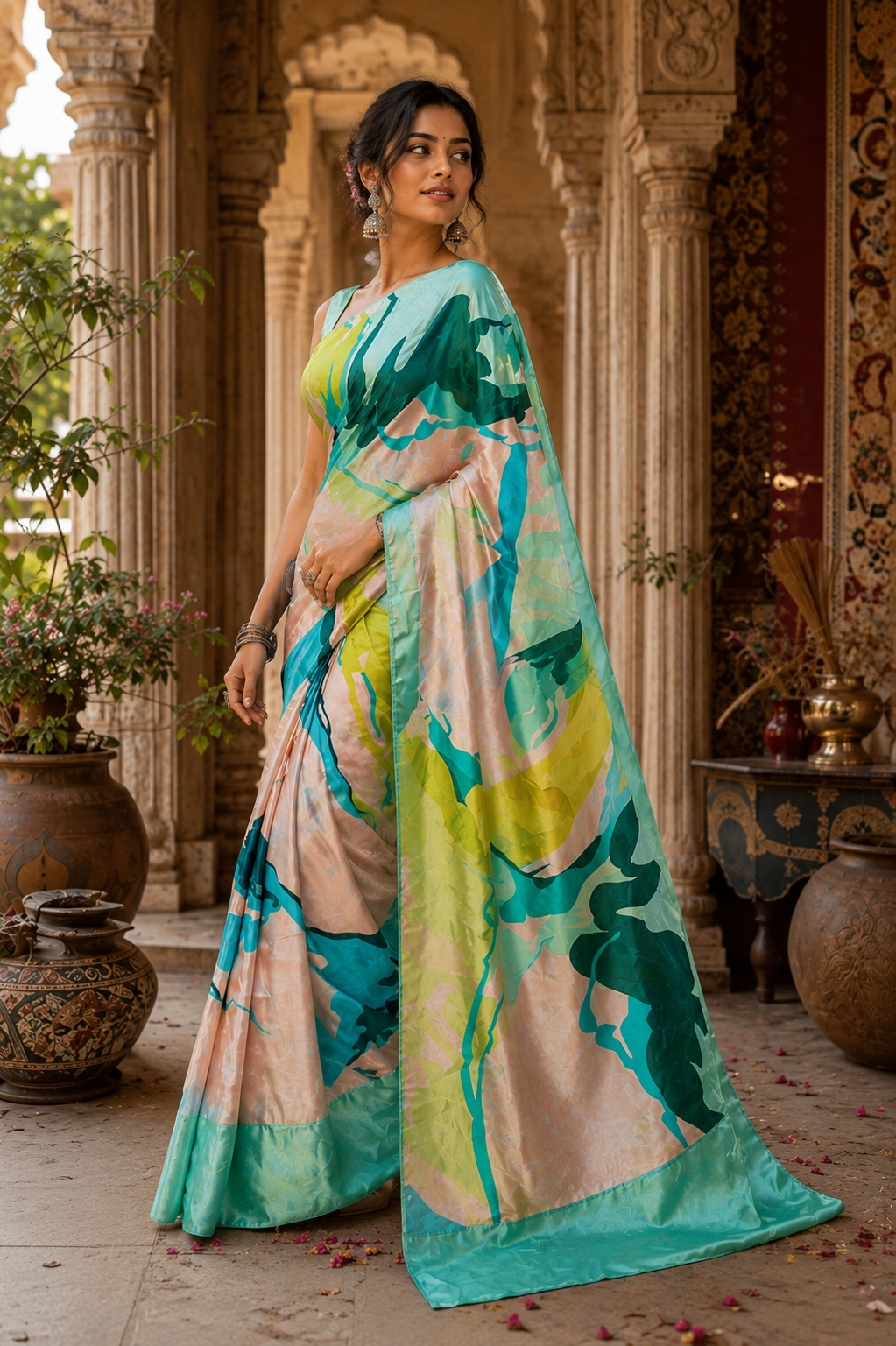 Satin Silk Printed Saree With Unstitched Blouse(Green)
