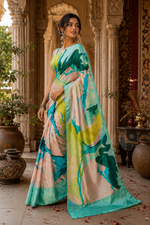 Load image into Gallery viewer, Satin Silk Printed Saree With Unstitched Blouse(Green)
