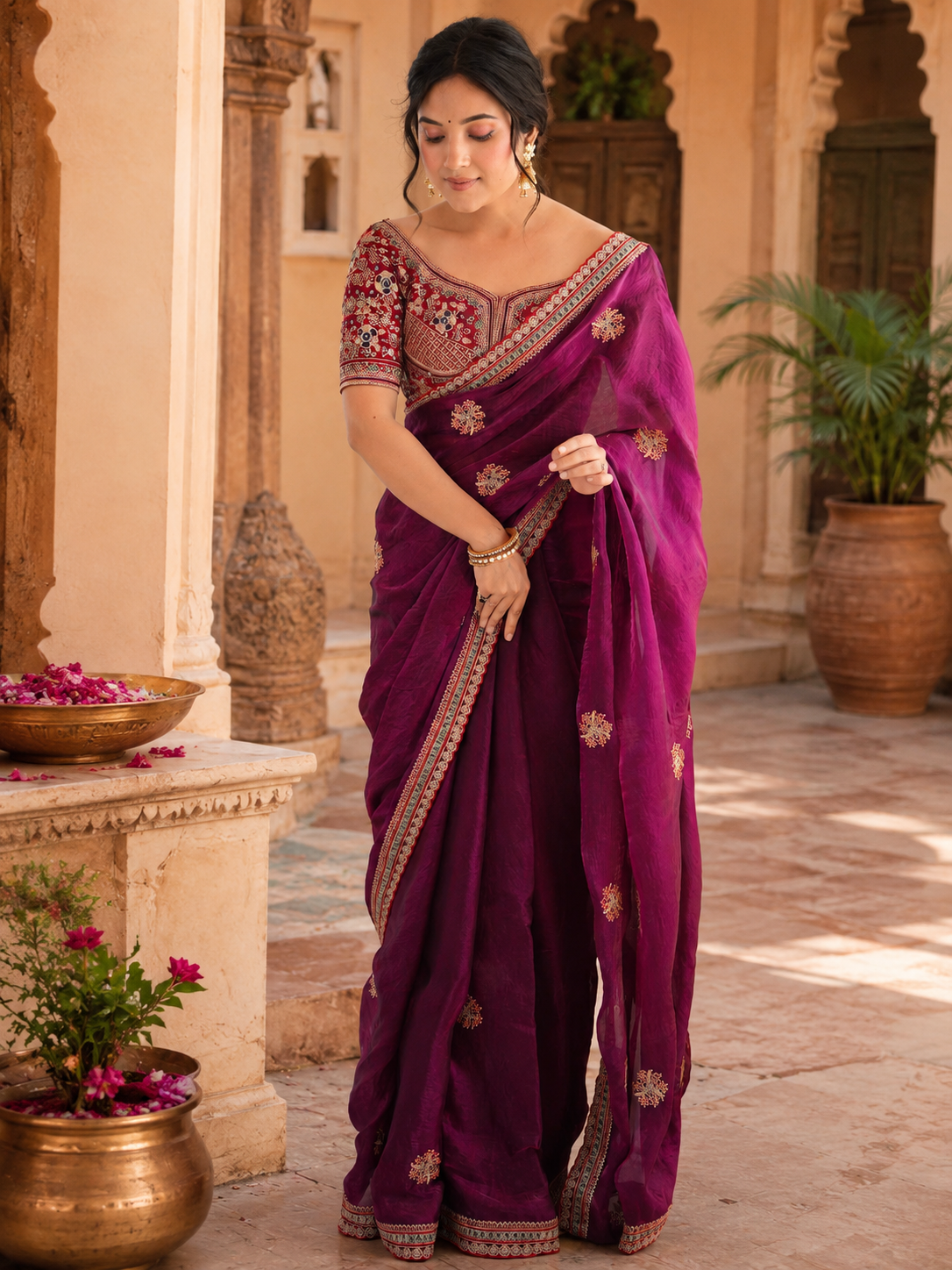 Satin Embroidery Work Saree With Unstitched Blouse(Wine)