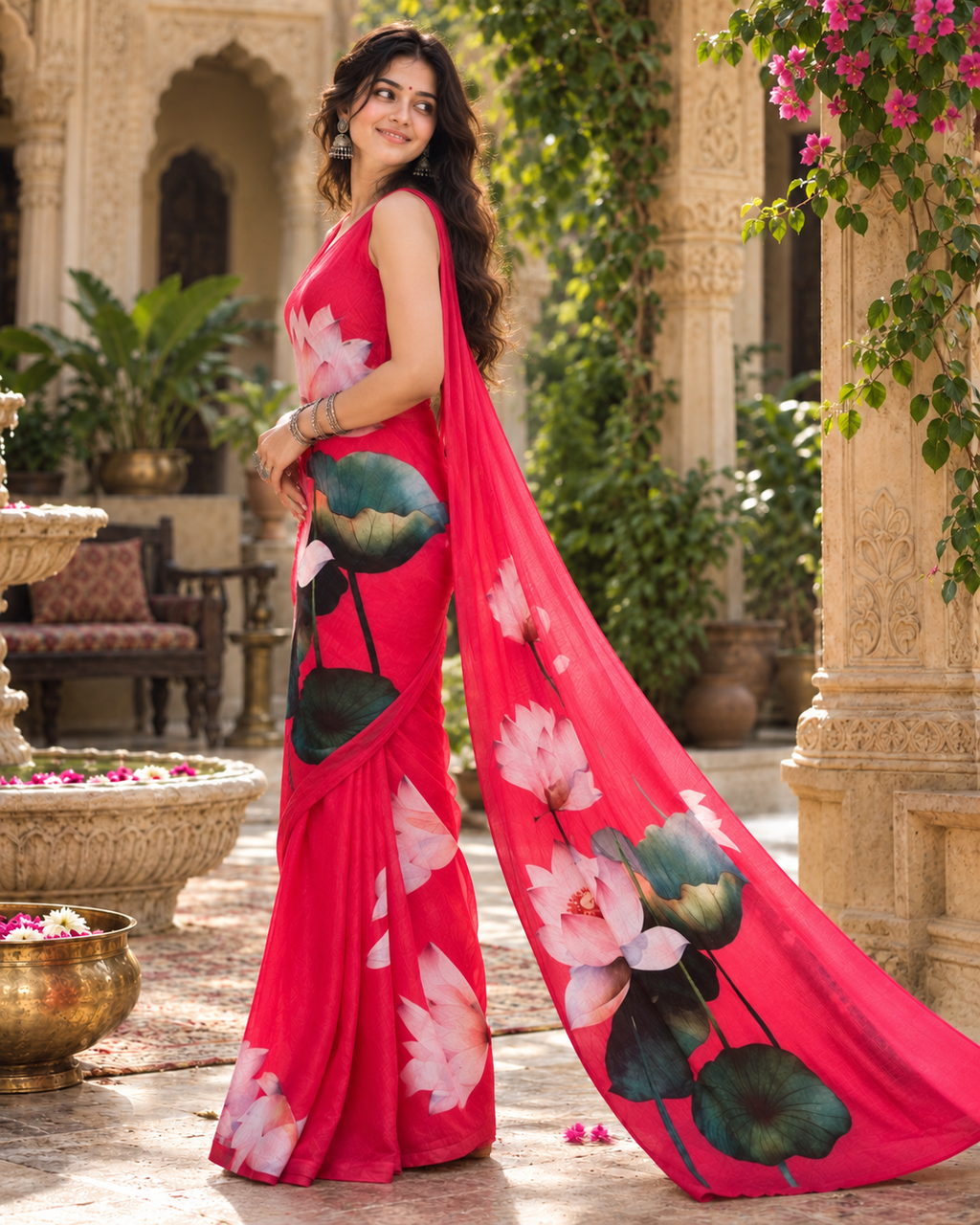 Georgette Floral Printed Saree With Unstitched Blouse(Red)
