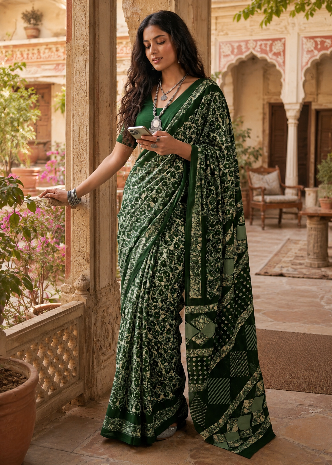 Mulmul Cotton Batik Print Saree With Unstitched Blouse(Green)