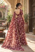 Georgette Digital Print Saree With Unstitched Blouse(Maroon)