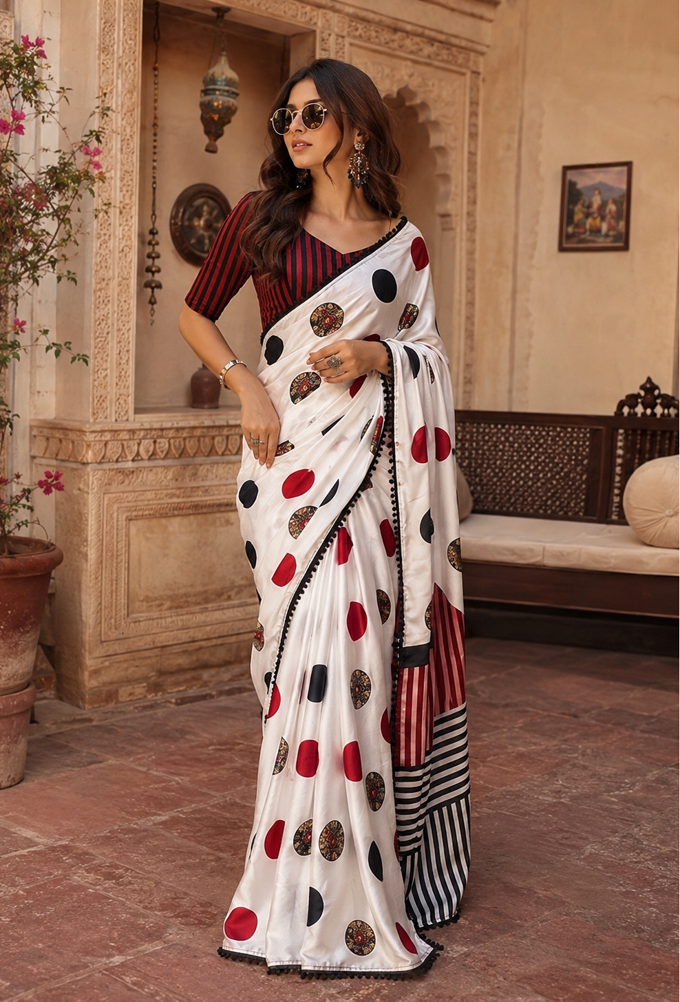 Satin Silk Digital Print Saree With Unstitched Blouse(White)